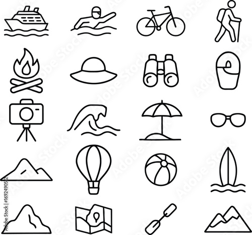 Outdoor adventure travel icons set camping hiking beach sports and exploration graphics