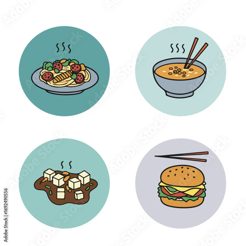Foods on plates pasta, soup, tofu dish and a burger