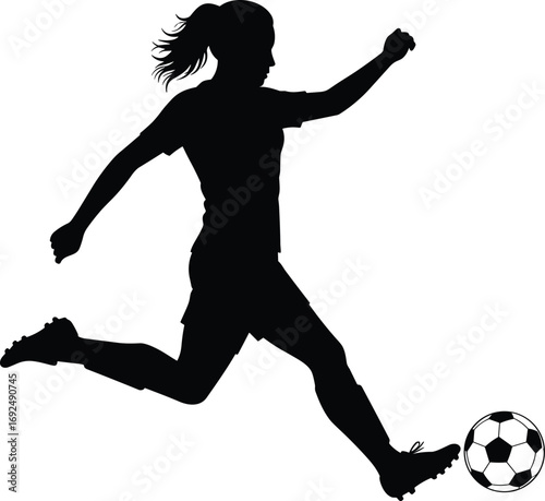 Vector illustration of female soccer player silhouette kicking soccer ball, showing action, sport, fitness, teamwork, strength, and dynamic movement.