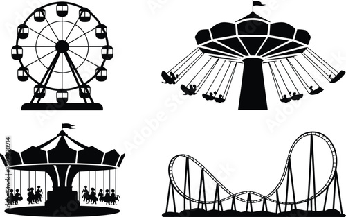 Amusement park rides collection, ferris wheel, swing carousel, horse carousel, roller coaster, fun fair attractions, carnival entertainment, outdoor amusement icons