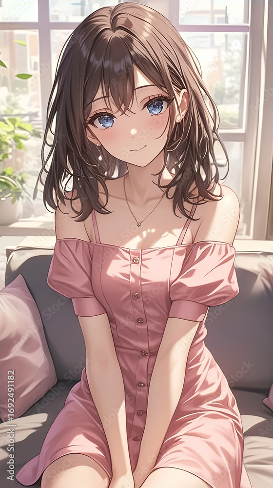 Naklejka premium Anime Girl with Brown Hair in a Pink Dress