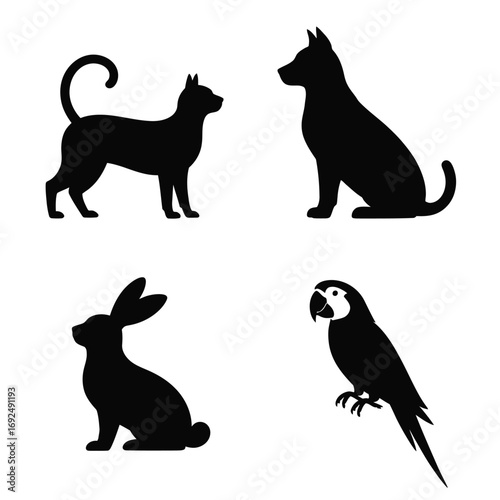 Minimalist black silhouettes of cat dog rabbit and parrot for pet companionship themes silhouette vector illustration white background