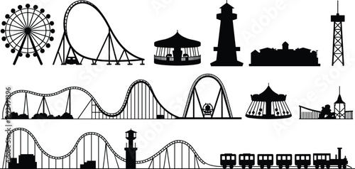 Amusement park rides collection, roller coaster, ferris wheel, carousel, train ride, carnival attractions, entertainment vector, fun fair silhouette