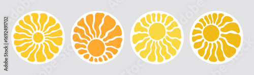 Retro sun or flower sticker set in yellow and orange with groovy abstract wavy rays on a gray background. Sun round shaped stickers. Perfect for summer decals, posters, and prints