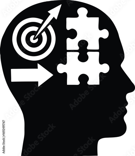 Brain silhouette with target and puzzle symbol representing problem solving, creativity, focus, solution, strategy, innovation, intelligence, achievement concept