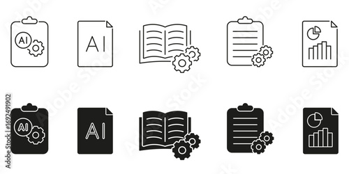 Artificial Intelligence Research and Data Reports Line and Solid Icon Set. Knowledge Management, Analytics and Documentation Symbol Collection. Isolated Vector Illustration