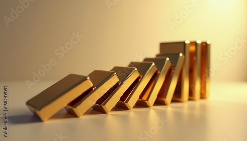 Falling domino chain of golden bars with minimalist mood tipping over one by one on neutral background