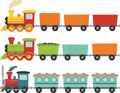 Colorful cartoon train vector illustration with steam engines, cargo wagons, passenger coaches, perfect for kids' design, education, transport, and railway-related projects.