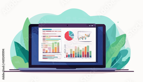 Flat design laptop with charts vector, white background
