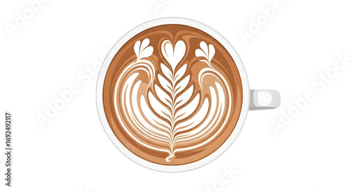 elegant latte art coffee cup overhead view