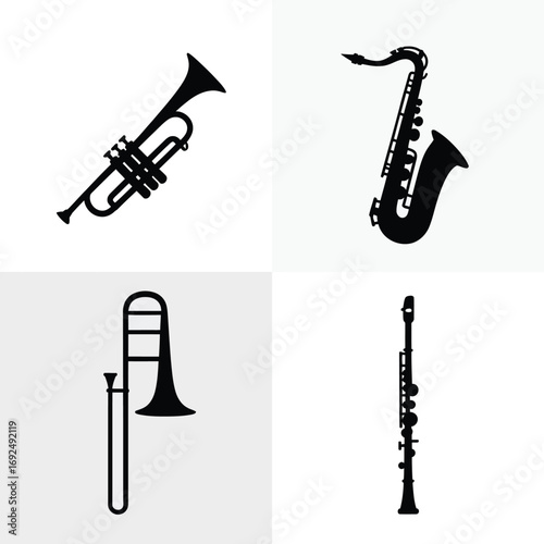 Minimalist silhouettes of musical instruments trumpet saxophone trombone clarinet set silhouette vector illustration white background