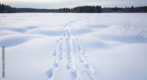 Snowy field with footprints leading to the forest in winter landscape