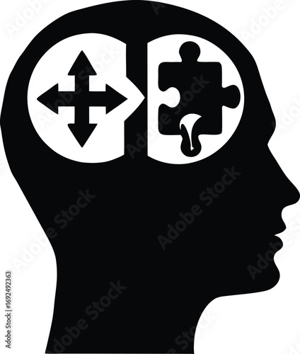 Brain silhouette with puzzle piece symbols symbolizing problem solving, critical thinking, intelligence, creativity, innovation, learning, knowledge, solutions