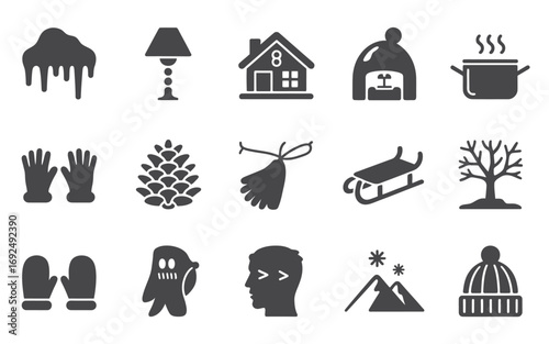 Collection of winter icons featuring icicles house hat snow sled gloves mittens and tree silhouette vector illustration white background