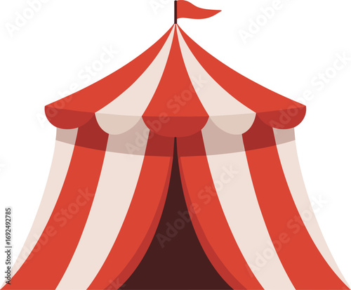 Flat circus tent vector illustration with red and white stripes, perfect for carnival posters, party invitations, fairground events, or kids celebration themes