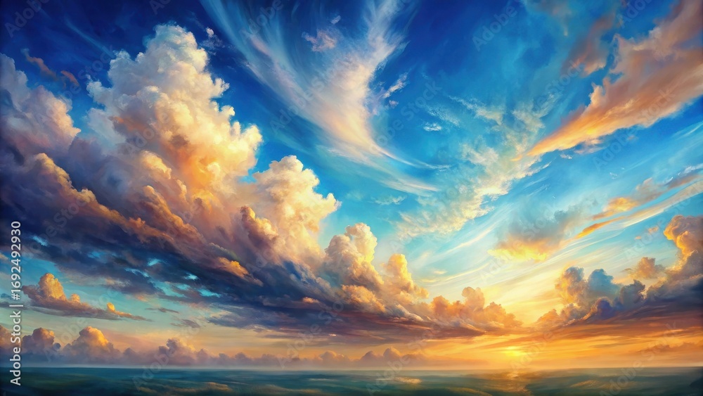 Fototapeta premium A Breathtaking Panorama of Sunset Hues Across a Vast Expanse of Sky, Painted with Clouds of Golden and Azure Tints