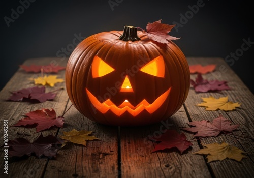 Spooky jack o lantern glows with autumn leaves on wooden table halloween scene