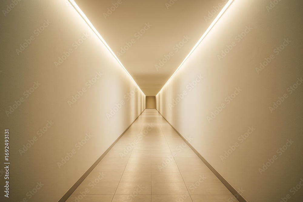 Obraz premium Minimalist hallway interior with ambient ceiling light and smooth beige walls extending in symmetrical perspective to a vanishing point. Ai generative