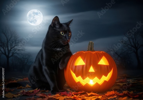 Mysterious black cat guards glowing jack-o'-lantern under a full moon