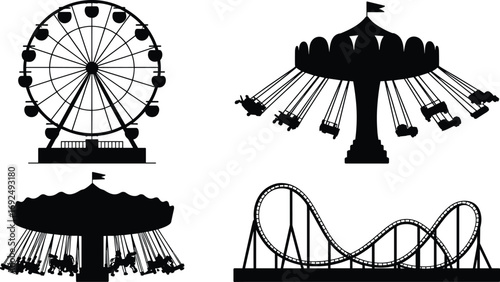 Amusement park rides silhouettes including ferris wheel, swing carousel, horse merry-go-round, and roller coaster for fairground entertainment icons