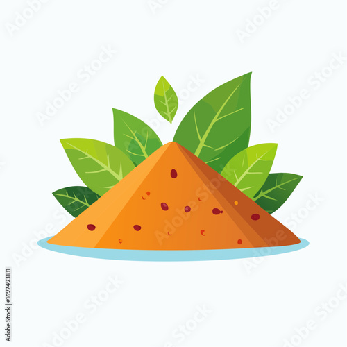 Orange Powder Pile With Green Leaves On White Background