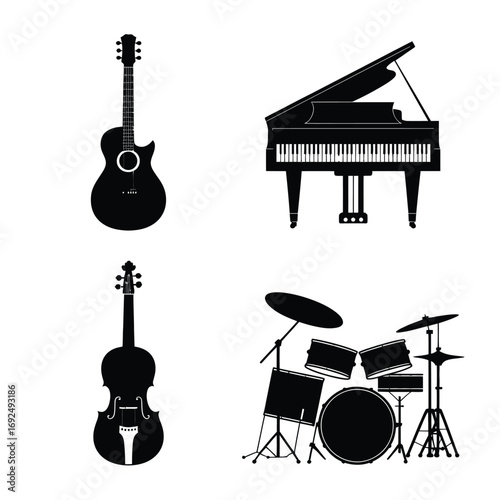 Elegant silhouettes of musical instruments featuring guitar piano violin and drum set collection silhouette vector illustration white background