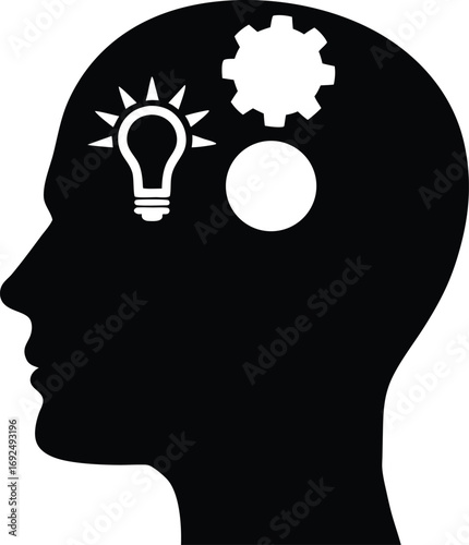 Brain silhouette thinking with light bulb symbol showing imagination, innovative ideas, problem solving, creative brain power, inspiration, discovery concept