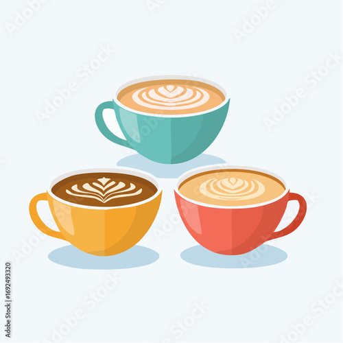 Three Cups Of Coffee With Different Latte Art Designs
