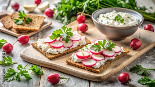 Aromatic Crispbread Topped with Creamy Cheese, Vibrant Radish Slices, and Fresh Parsley Garnish on Rustic Wooden Board