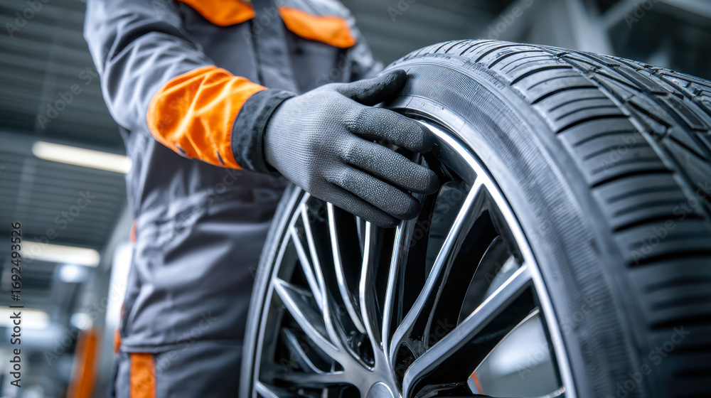Obraz premium Technician inspecting a car wheel and tire in an automotive workshop