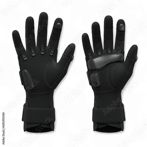 Pair of black high tech virtual reality data gloves.