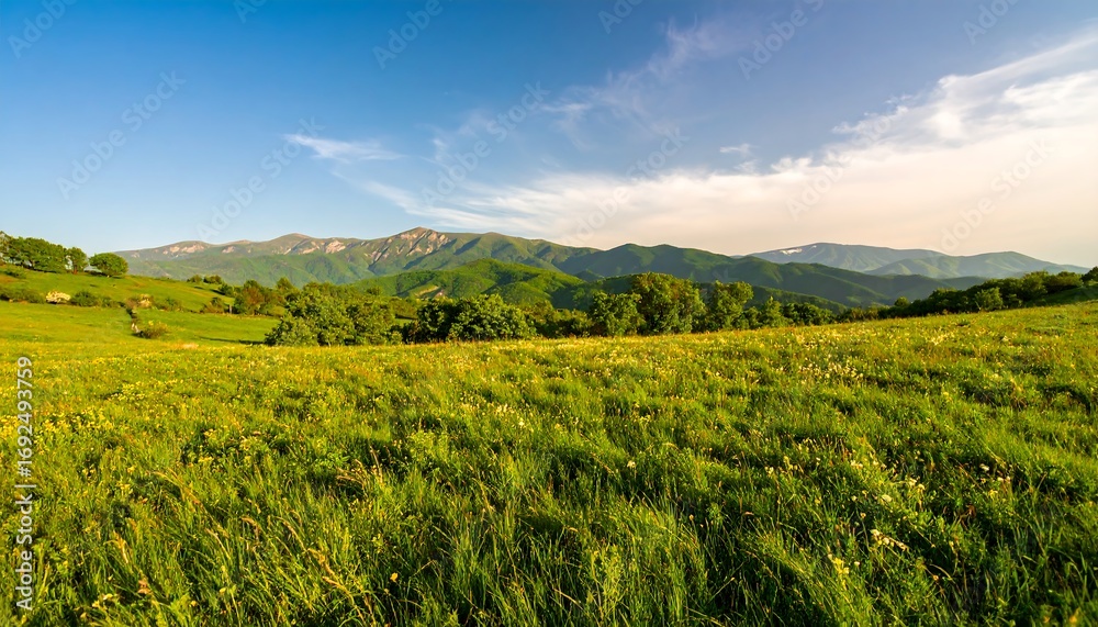 Fototapeta premium Lush green meadow stretches towards distant mountains under a clear sky