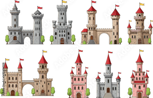 Medieval Fantasy Castles and Towers Vector Set, Fairytale Fortress Illustration Collection, Colorful Architecture Elements Isolated for Games, Storybooks, Posters, or Educational Design