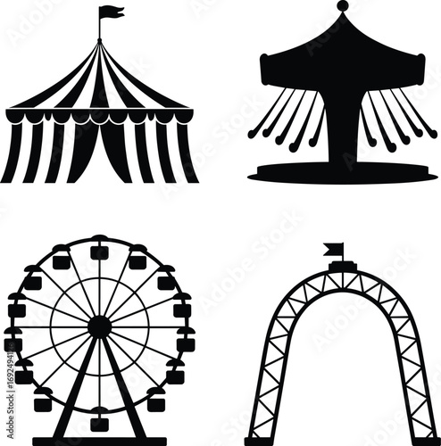 Amusement park silhouette icons including ferris wheel, swing carousel, circus tent, entry arch, festival elements, fun, entertainment, outdoors