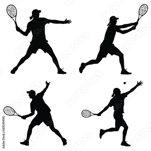 Dynamic tennis player silhouettes capturing action shots and athletic poses silhouette vector illustration white background