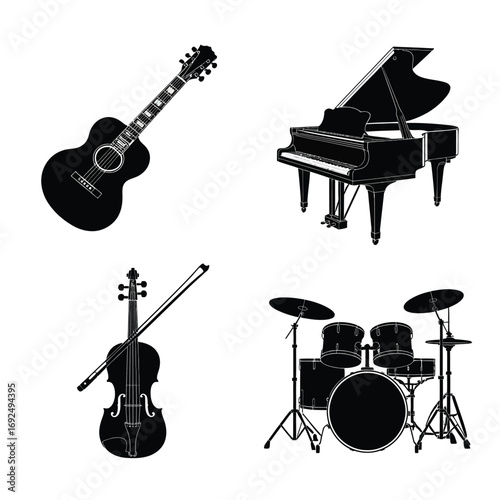 Minimalist silhouettes of acoustic guitar grand piano cello and drum set collection silhouette vector illustration white background