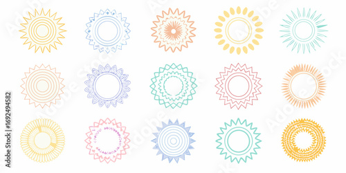 Collection of diverse hand drawn sun icons in various pastel colors and intricate patterns
