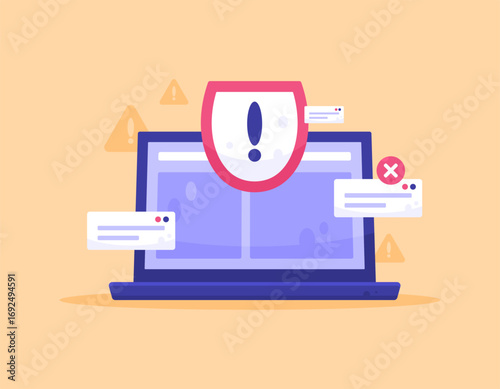 A concept of a dangerous and suspicious website. pop up ads are annoying and dangerous. illustration of laptop with warning and spam pop up. Flat design style. Orange background.