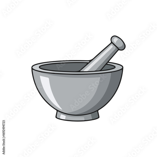 Illustration of a mortar and pestle, a grey bowl with a matching grinding tool.