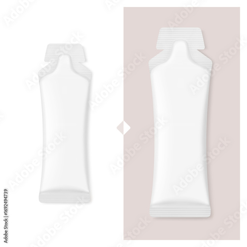 Sachet bag mockup for energy gels, sport nutrition, cosmetics. Vector illustration isolated on white background. Flat lay view. Can be use for template your design, presentation, promo, ad. EPS10.