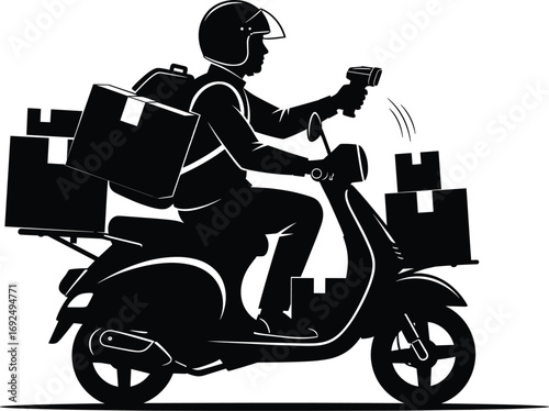 Delivery scooter rider silhouette, courier on motorbike, parcel delivery, fast shipping, courier service, urban delivery, express delivery, logistics, transport