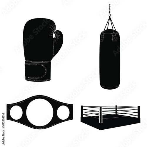Boxing equipment silhouettes champion belt ring punching bag glove icons for sports and fitness design silhouette vector illustration white background