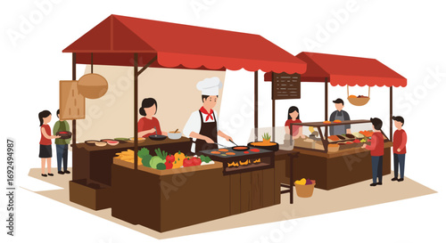 Open-air market has people buying food at stalls under red awnings