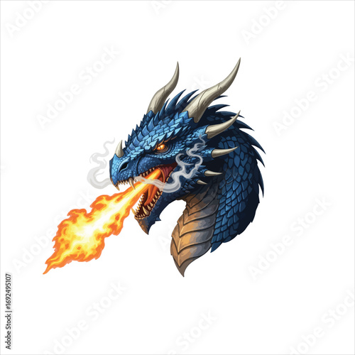 Fierce blue dragon head erupting in flames against a white background.