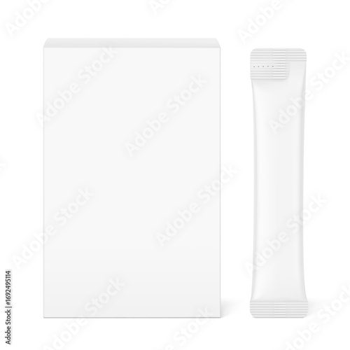Blank package stick mockup with paperboard box mockup. Front view. Vector illustration isolated on white background. Can be use for food, cosmetic, medicine and etc. EPS10.