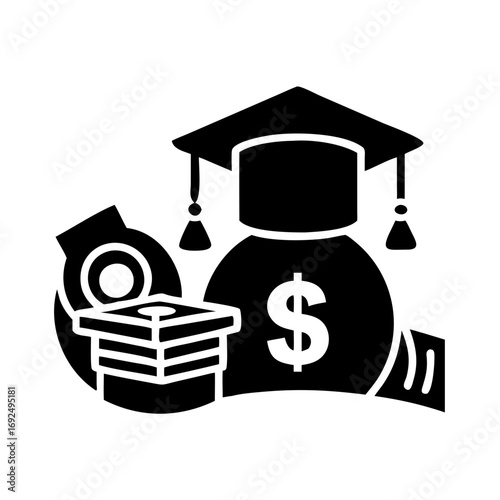 Vector art of icon of a graduation cap, money bag, and stack of coins, depicting education finance and investment