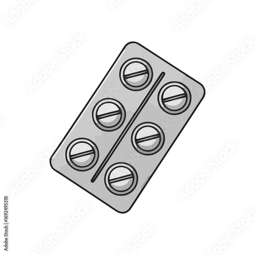 A close-up illustration of a blister pack containing six round, white pills.