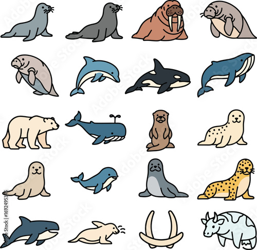Marine Mammal Doodle Collection Diverse Aquatic Wildlife Set
