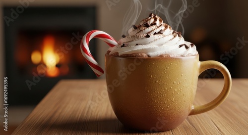 Hot chocolate with whipped cream and candy cane by the fireplace
