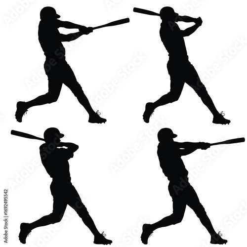 Four dynamic baseball batter silhouettes capturing the swing and action silhouette vector illustration white background